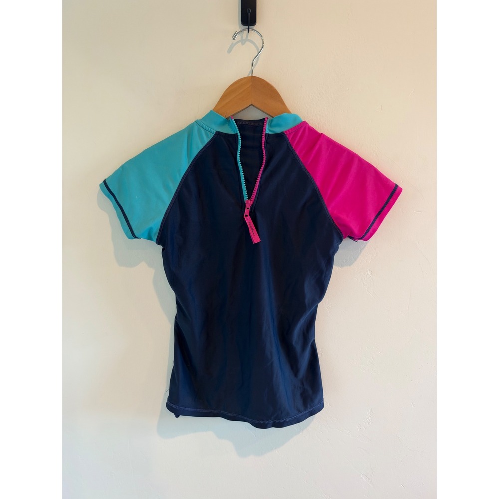 Eddie Bauer Kids Rash Guard Swim Shirt Navy Pink Turquoise Half Zip Size S 7/8